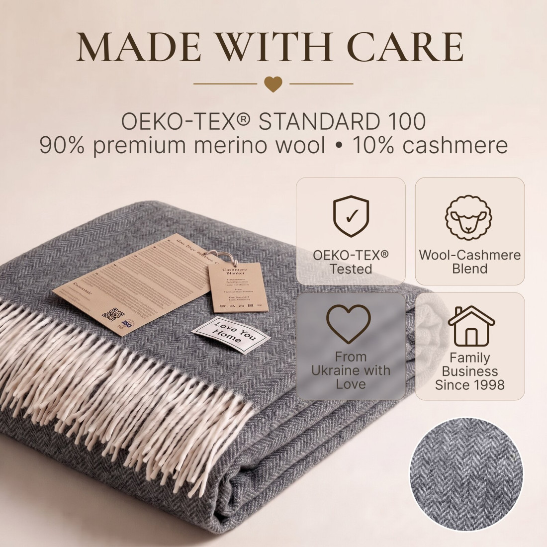 Kasjmier-merino plaid (10% kasjmier) met visgraatpatroon · 10