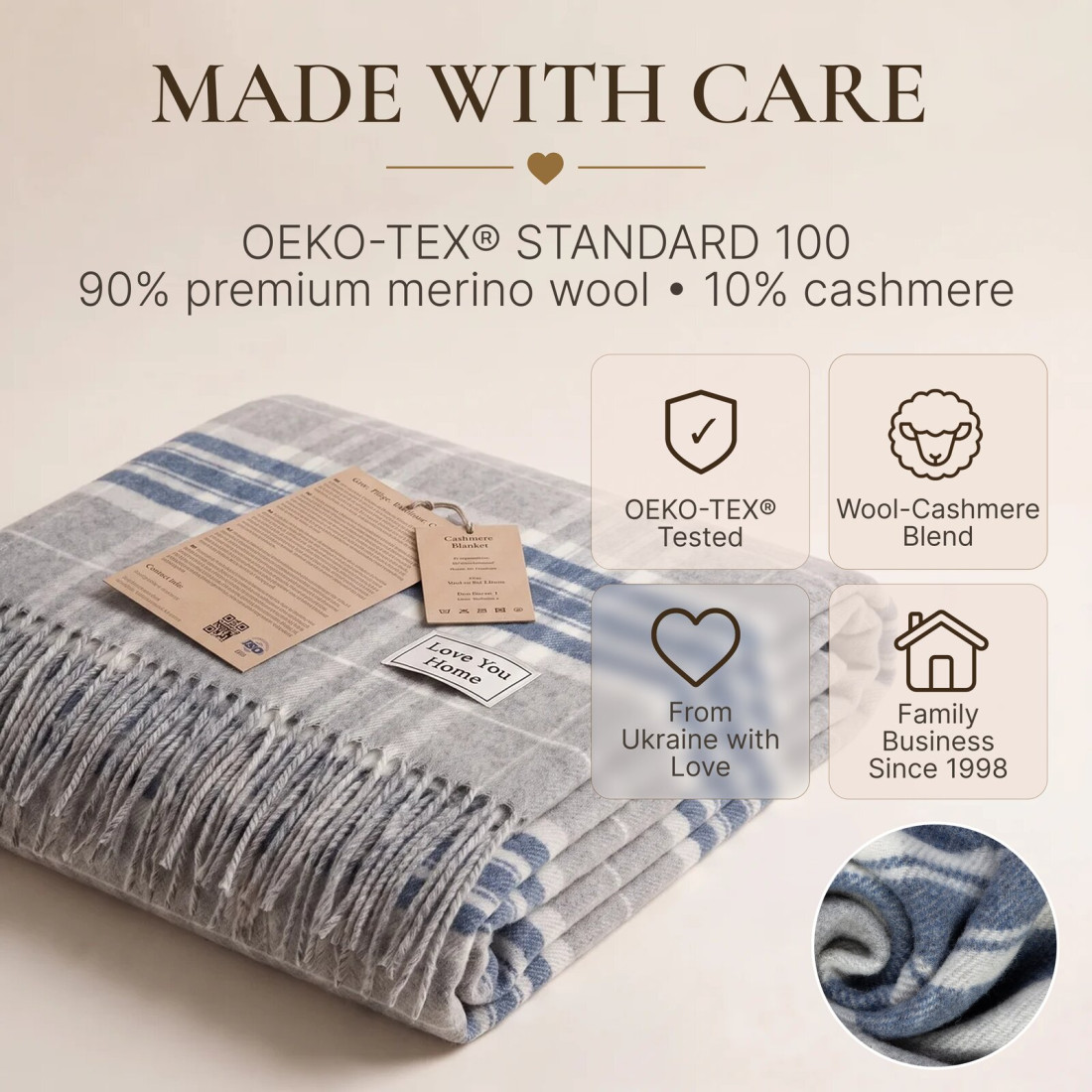 Kasjmier-merino plaid (10% kasjmier) met tartanpatroon · 10