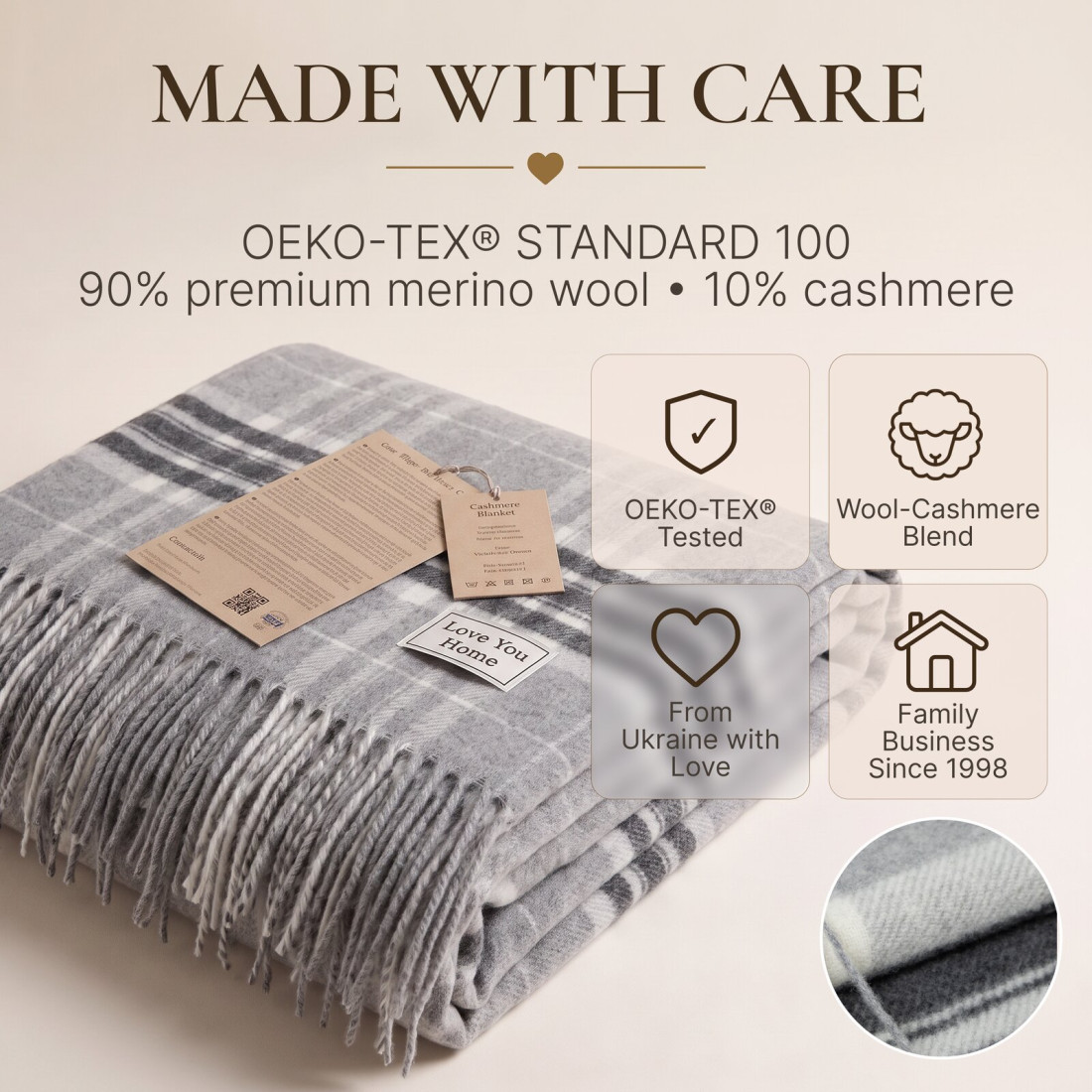 Kasjmier-merino plaid (10% kasjmier) met tartanpatroon · 10